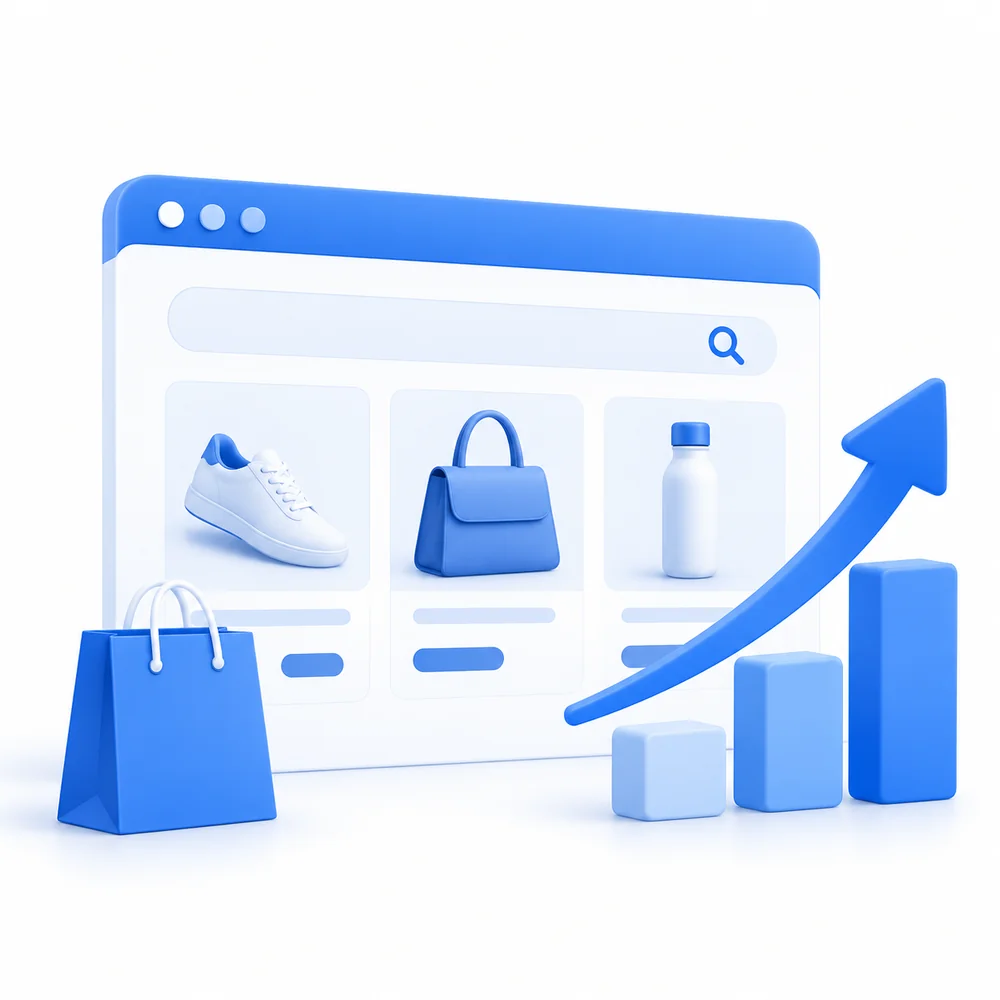 E-commerce SEO illustration showing an online store, product search, shopping bag, and sales growth arrow.