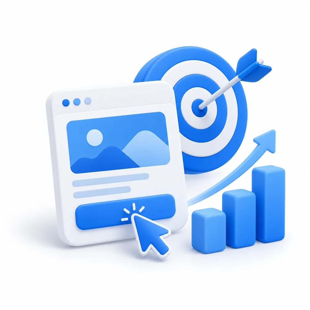 Paid advertising illustration showing an ad card, click cursor, audience target, and rising revenue bars.