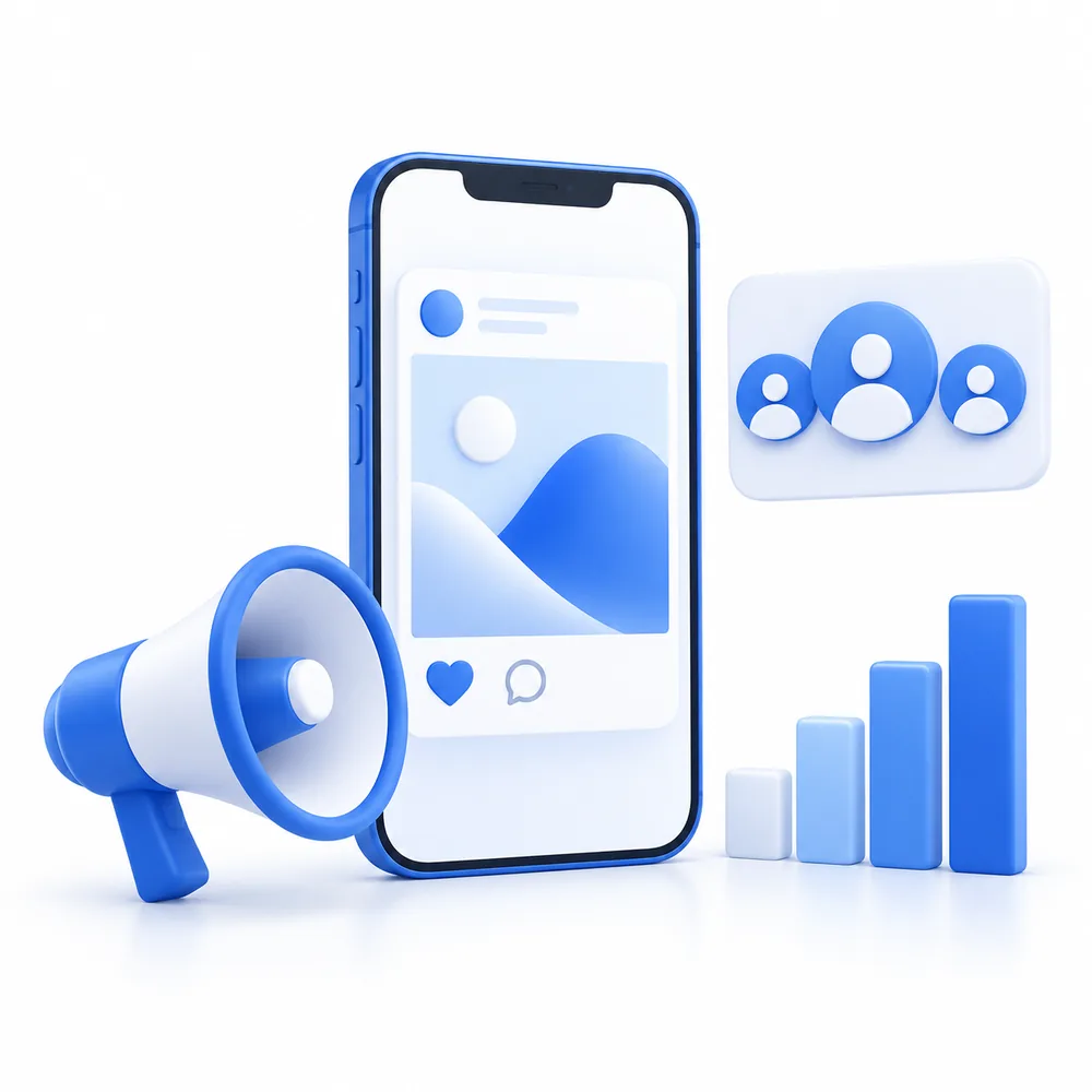 Social media marketing illustration with a smartphone, megaphone, audience profiles, and rising growth bars.